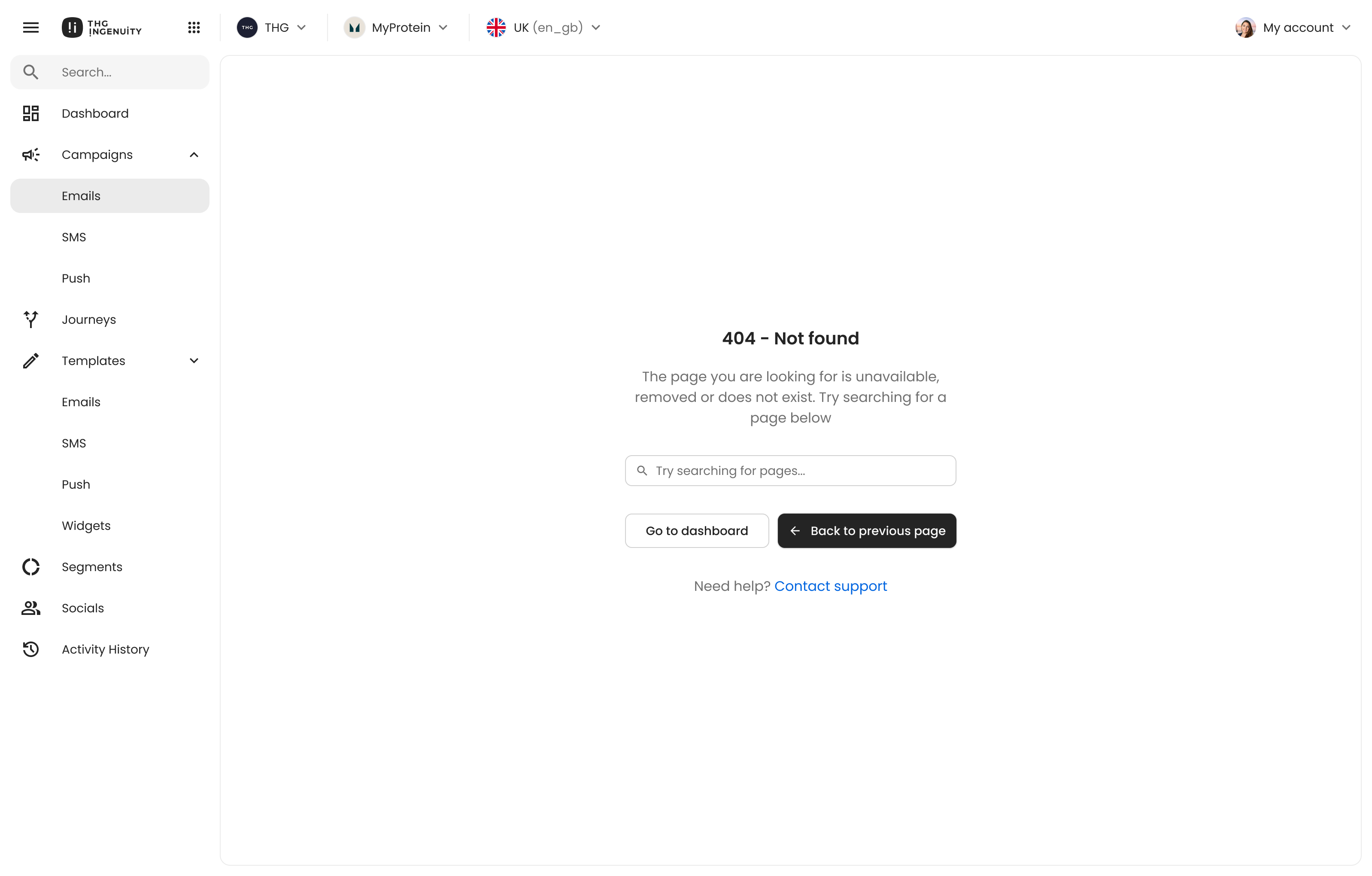 The Empty component designed in Figma, shown as the platform's Not Found page with a search bar, back and dashboard links, and a contact support link