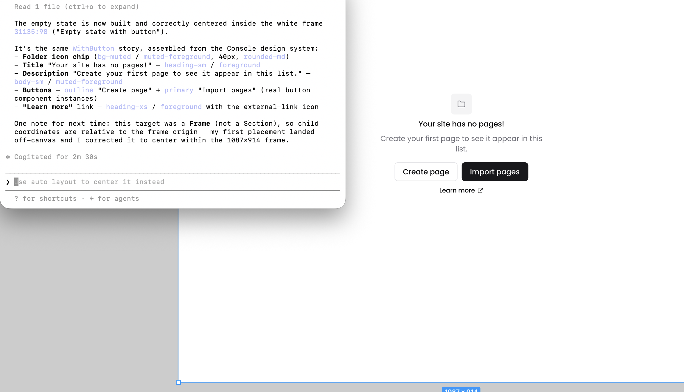 The Empty component and its stories generated in Figma via Claude Code and Figma MCP, with the generation log on the left