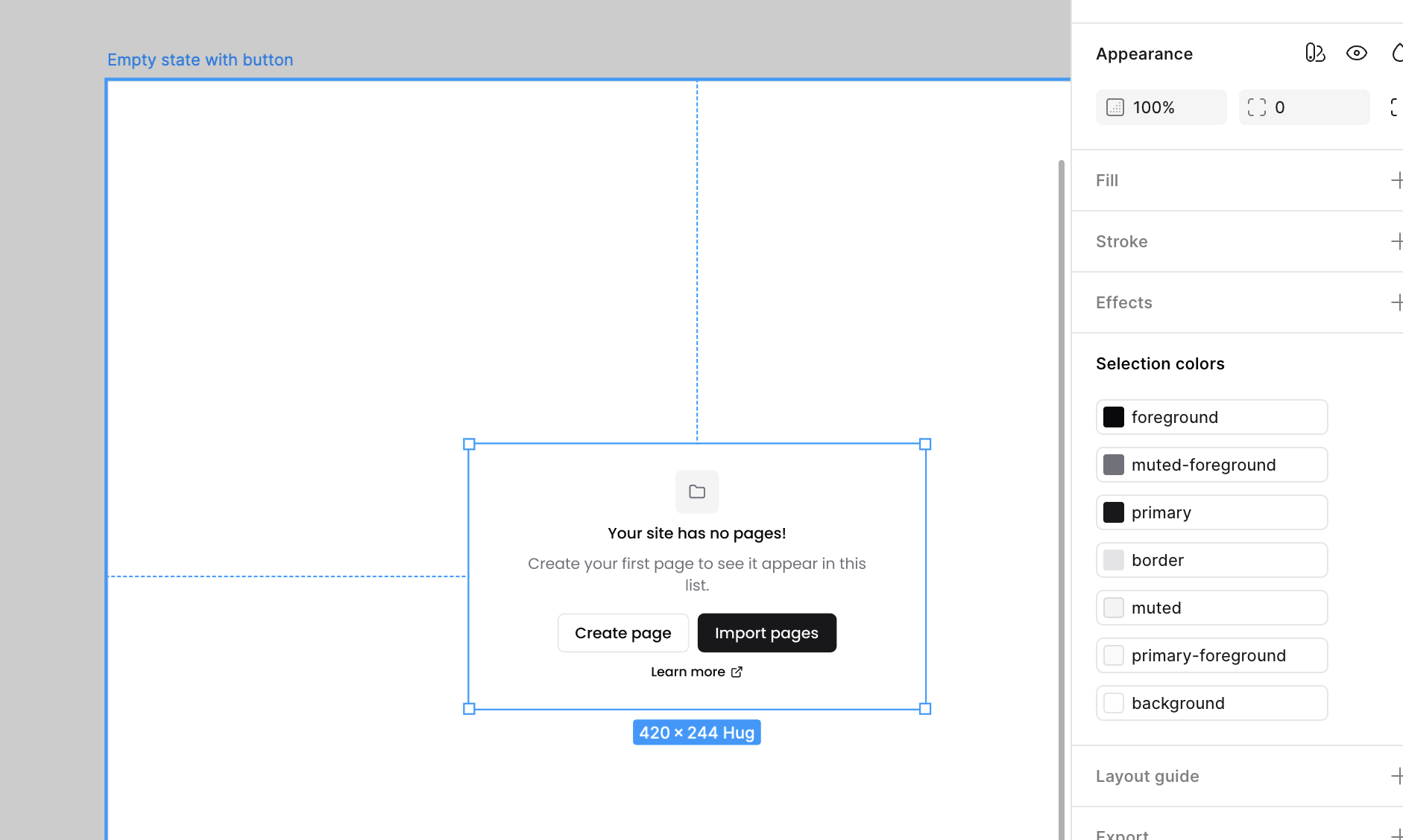 The connected Empty component selected in Figma, its selection colours mapped to design-system tokens like foreground, primary, border and muted